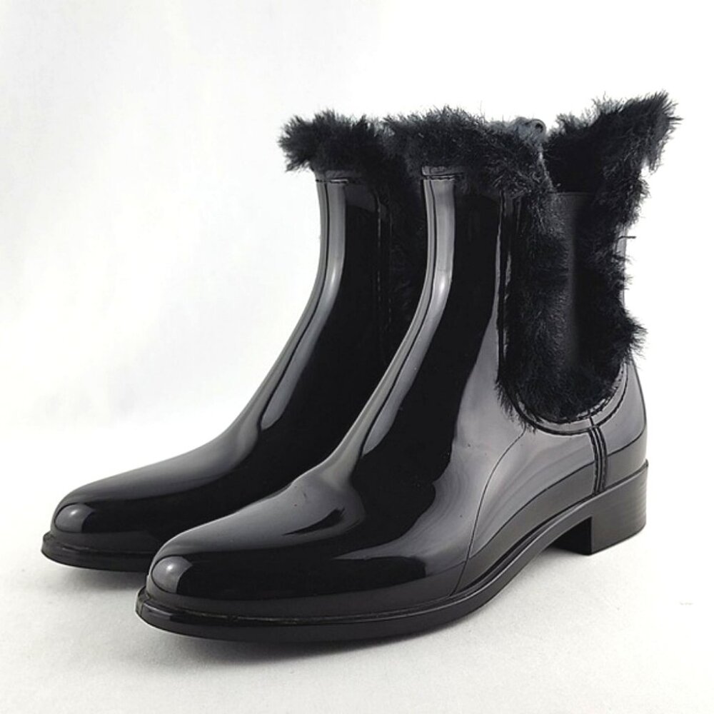Lemon Jelly Women's Chelsea Rain Boots Faux Fur Trim Glossy Waterproof Black 36